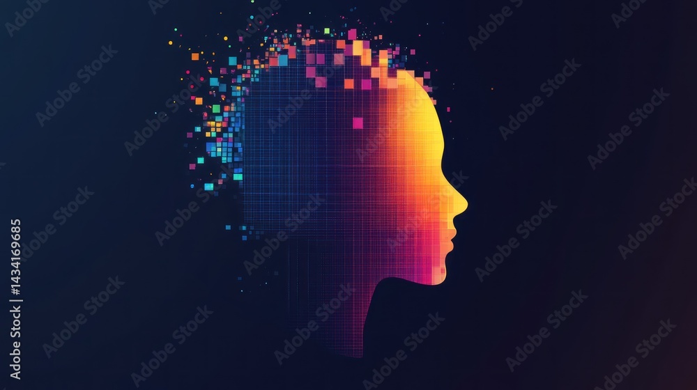 Digital human profile, pixelated, abstract, vibrant Digital human profile, pixelated, abstract, vibrant