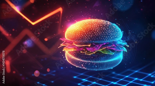 Digital burger graphic, vibrant colors, futuristic design