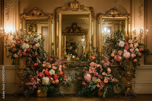 A glamorous wedding backdrop with gold-framed mirrors, lush blooms, and soft lighting for an elegant, upscale setting