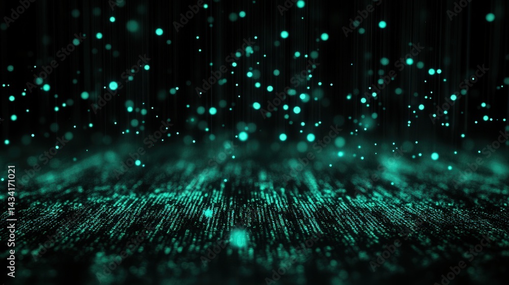 Fototapeta premium Ethereal Digital Rainfall of Bright Turquoise Particles and Light
