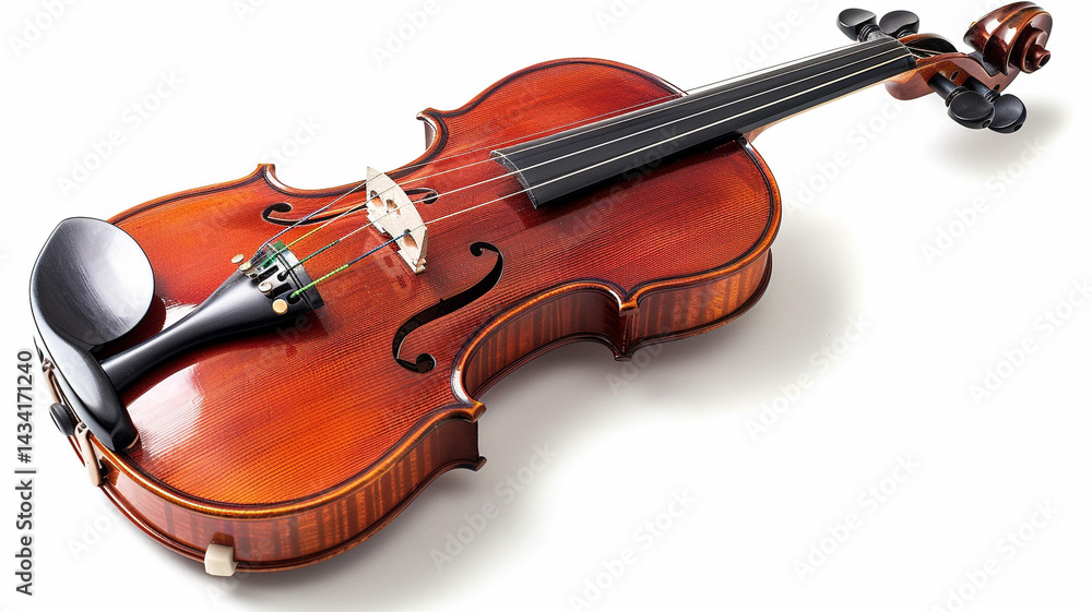 Elegant reddish-brown violin with a glossy finish, showcasing its f-holes, bridge, strings, and scroll against a white background. Elegant reddish-brown violin with a glossy finish, showcasing its f-holes, bridge, strings, and scroll against a white background.