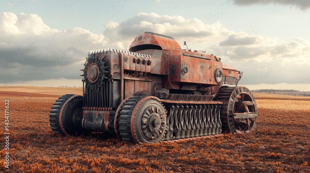 Fototapeta premium Rusty Post-Apocalyptic Tractor in a Brown Field