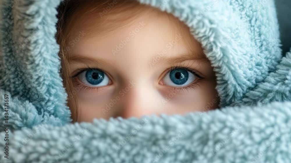 Child's captivating blue eyes peering out from under a soft, cozy blue blanket framing the face, creating a sense of comfort and curiosity. Child's captivating blue eyes peering out from under a soft, cozy blue blanket framing the face, creating a sense of comfort and curiosity.
