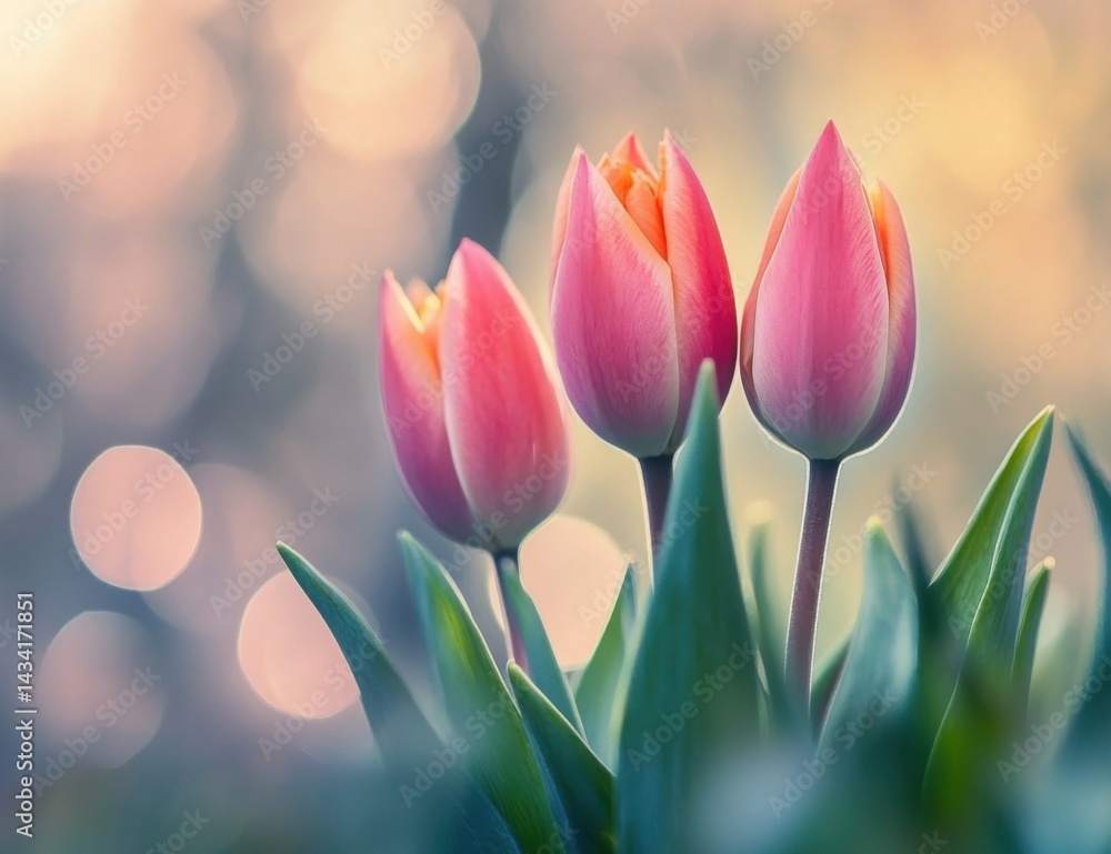 Fototapeta premium Three pink tulips with green leaves in a blurred background