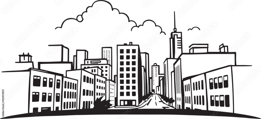 Obraz premium City landscape. Line urban backdrop. Skyline with clouds, different buildings on street, doodle street draw, outline cityscape hand sketch, flat houses. Hand drawn vector illustration 