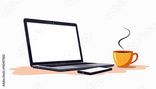 Young adult multitasking with laptop, smartphone, and coffee cup, productivity