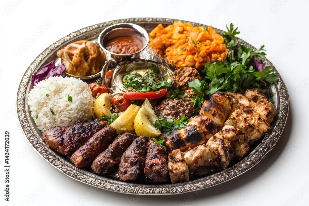 Iftar plate, white background. AI generated illustration. Iftar plate, white background. AI generated illustration.