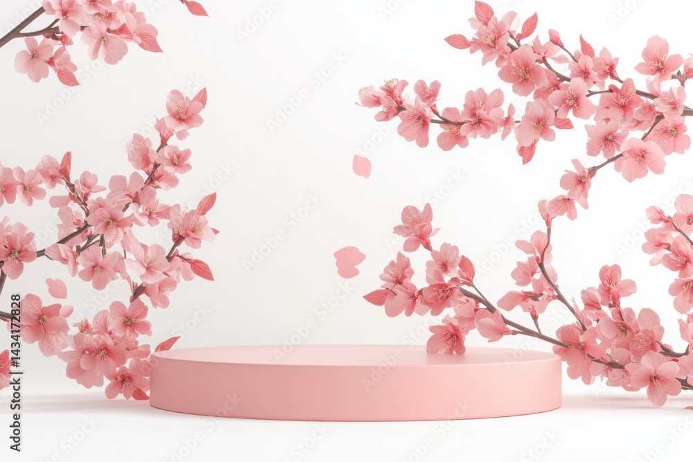 White Circular Podium with Cherry Blossoms in Minimalist Spring Style. White Circular Podium with Cherry Blossoms in Minimalist Spring Style.