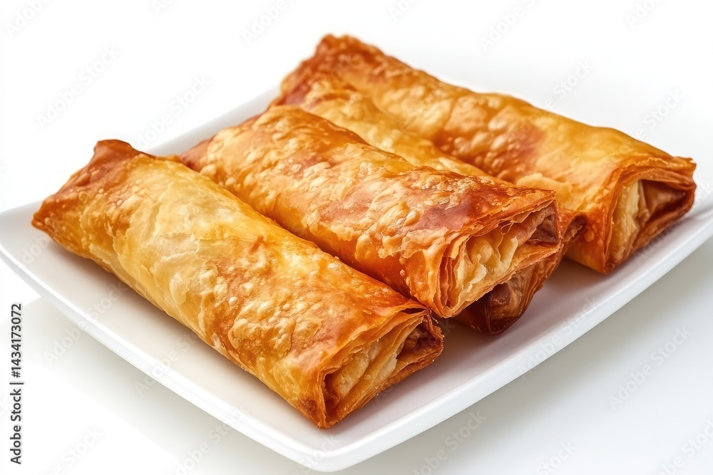 Kalem borek on plate, white background. AI generated illustration. Kalem borek on plate, white background. AI generated illustration.