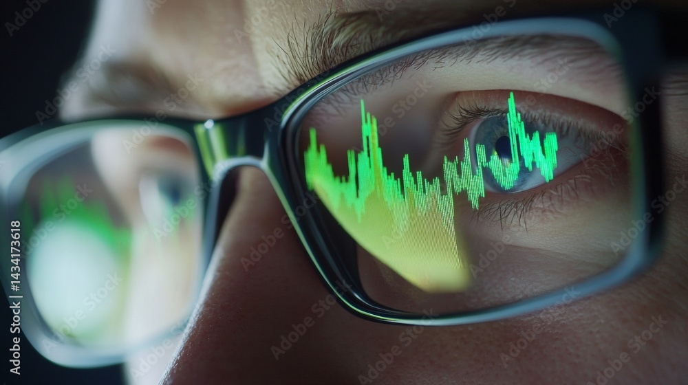 reflection of stock market charts in a man's glasses