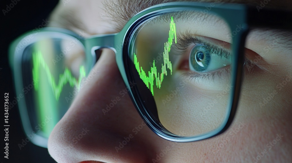 reflection of stock market charts in a man's glasses