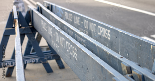 police dept sign on blue nypd barricade on sidewalk in brooklyn new york city (cops crime criminal event) closed street traffic cop department cordoned off barrier
