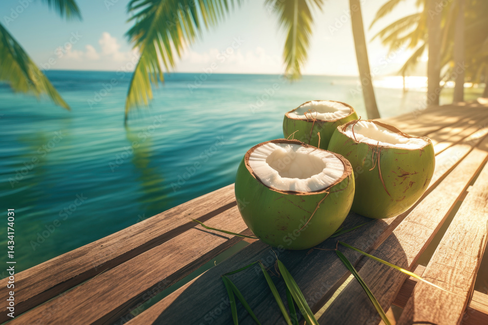 Obraz premium Coconuts on wooden table, ocean backdrop.