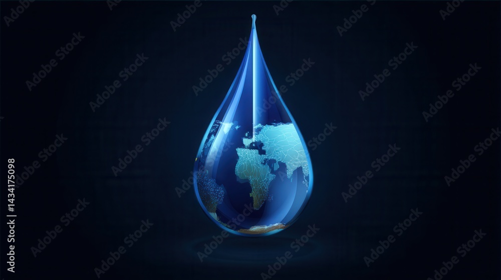 Fototapeta premium Conceptual water drop containing world map on dark background representing global water conservation and environmental awareness in a clean and modern style