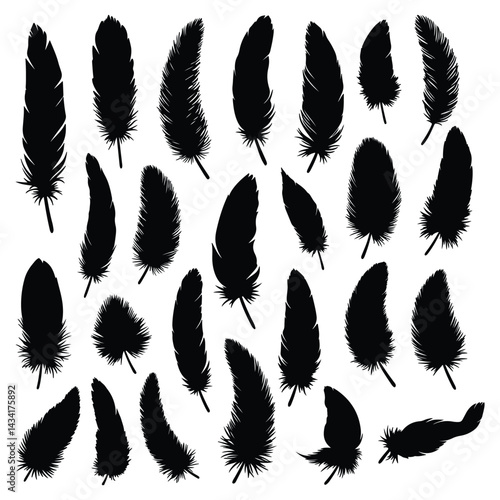 Feather icon set with black feather silhouettes vector illustration