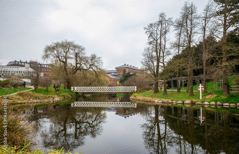 Tranquil Park Landscape Featuring a Wooden Bridge and Calm Reflective Pond in Botanical Garden, Copenhagen, Denmark, 16 April 2018 Tranquil Park Landscape Featuring a Wooden Bridge and Calm Reflective Pond in Botanical Garden, Copenhagen, Denmark, 16 April 2018