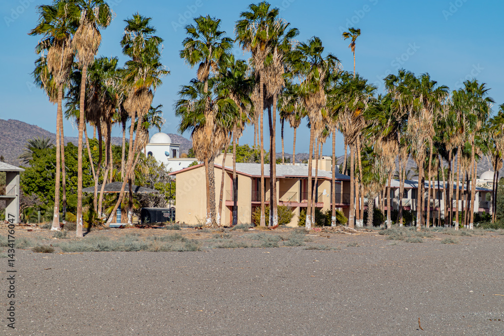 Fototapeta premium Front view of an abandoned and disused old hotel building complex on Mexican coastal beach, scattered palm trees against blue sky, sunny day in Loreto, Baja California Sur, Mexico