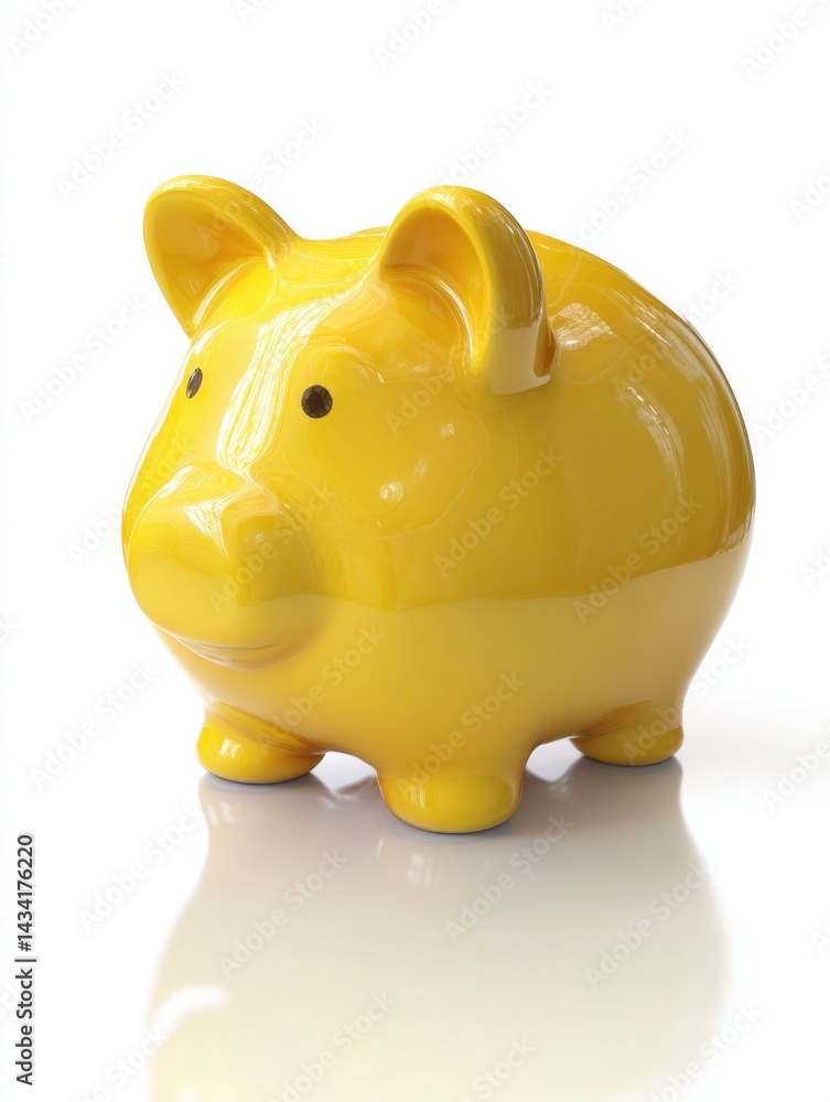 Glossy yellow piggy bank on a white reflective surface offering a bright financial concept and savings metaphor with a clean modern look and feel for investment Glossy yellow piggy bank on a white reflective surface offering a bright financial concept and savings metaphor with a clean modern look and feel for investment