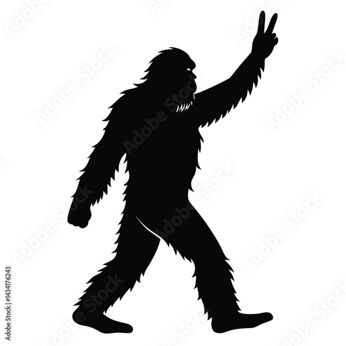 bigfoot walking with victory sign silhouette vector