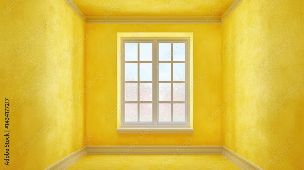 Fototapeta premium Bright yellow room with natural light streaming through a white window creating a cheerful and vibrant atmosphere in a minimalist interior design space
