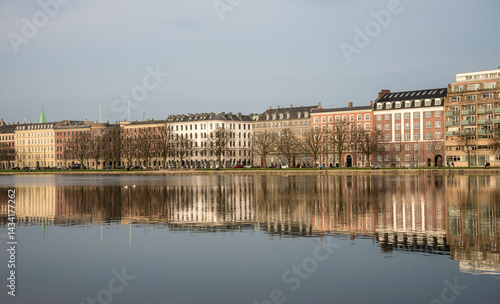 Photography Waterfront Residential Buildings Reflected in Water on a Spring Day, Copenhagen,
