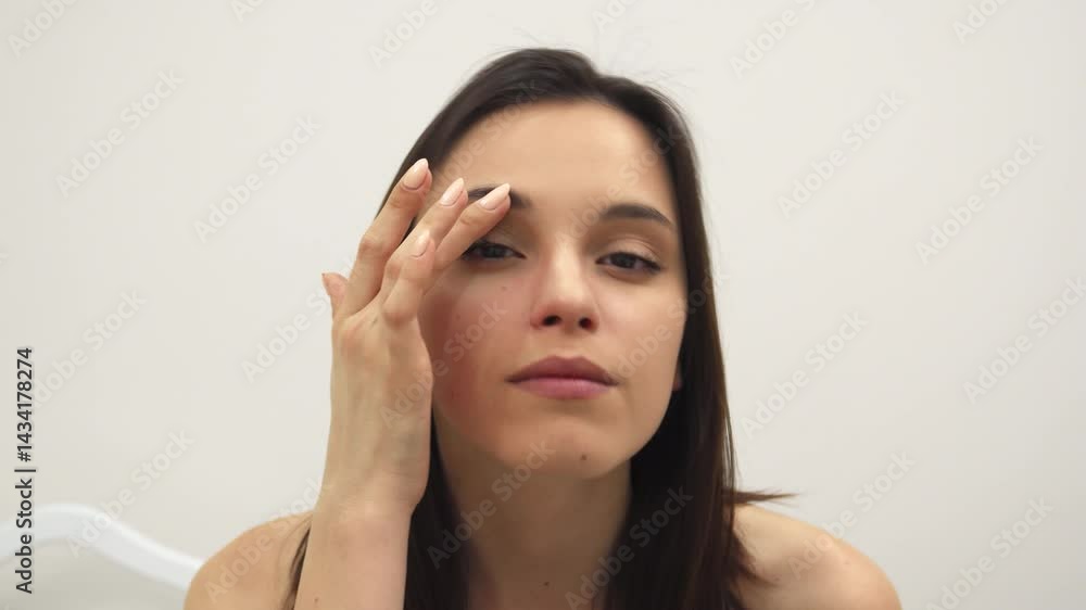 Girl gently caresses her face at the serene spa Girl gently caresses her face at the serene spa