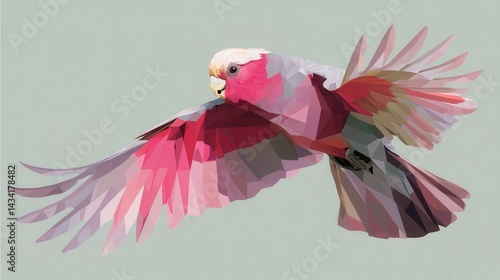Polygonal illustration of a pink and grey galah in flight.