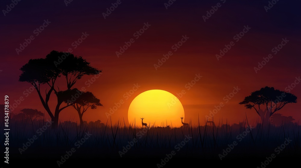 Obraz premium Silhouettes of animals at sunset in the savannah.