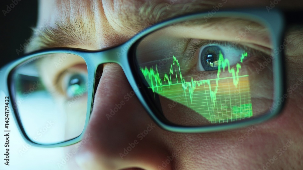 reflection of stock market charts in a man's glasses