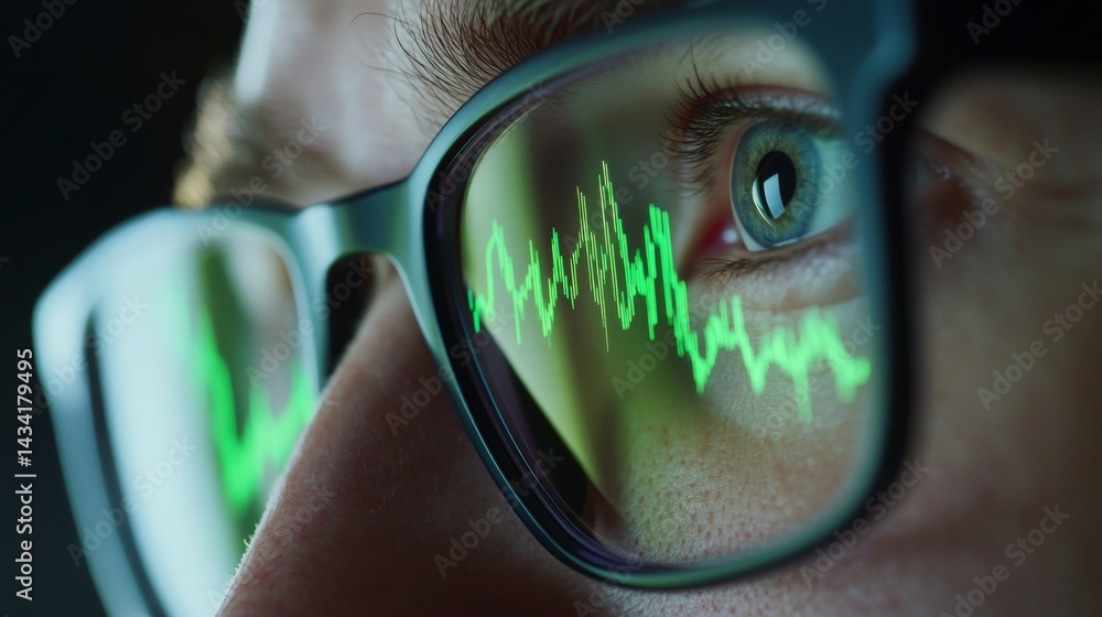 reflection of stock market charts in a man's glasses