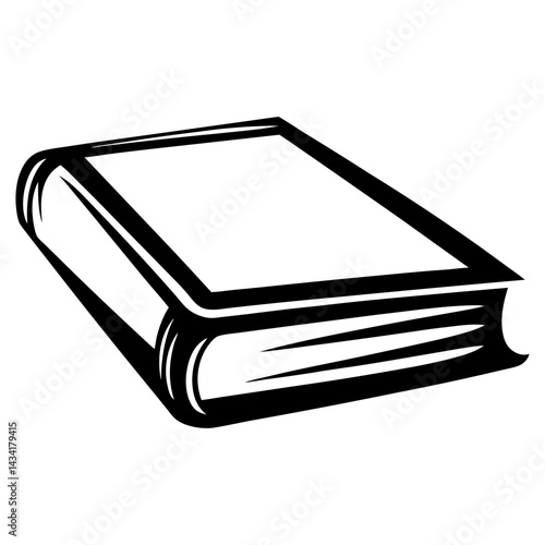Detailed black and white vector graphic representation of a hardcover book lying down