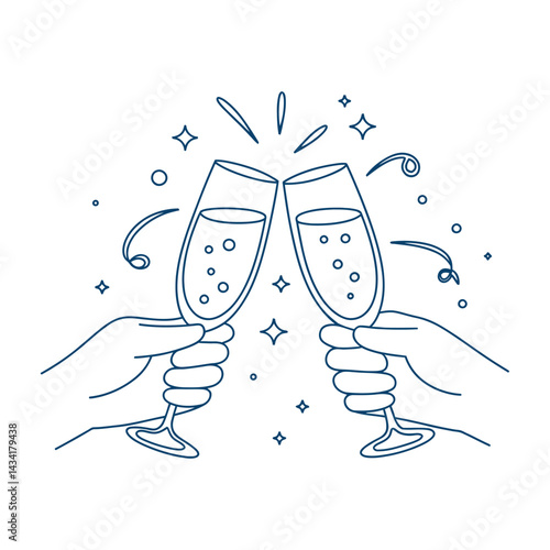 Elegant Line Art Illustration Of Two Hands Clinking Champagne Glasses Celebrating A Special Occasion