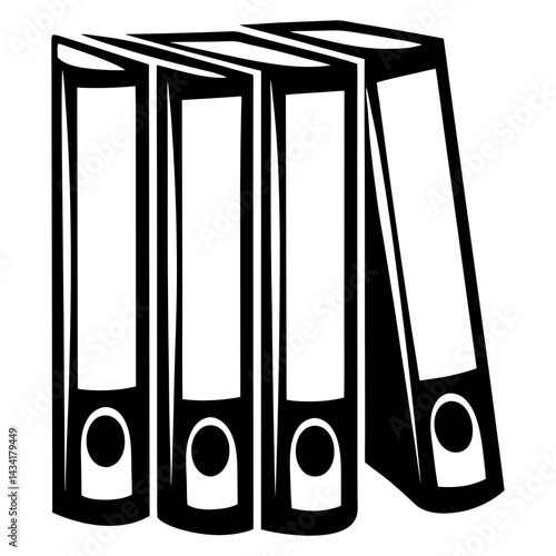 Black and white graphic of three ring binders leaning on each other