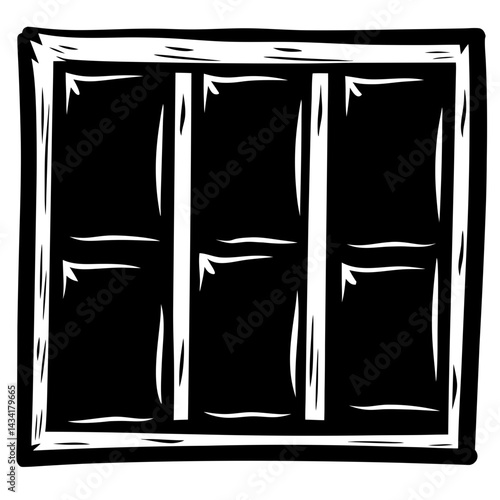 Black and white illustration of a six pane window in bold lines