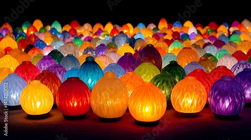 A field of colorful, glowing lanterns lit at night