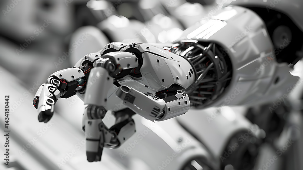 Fototapeta premium A robotic arm in a high tech factory, assembling components for robots used in autonomous vertical farming systems, Agri-tech style