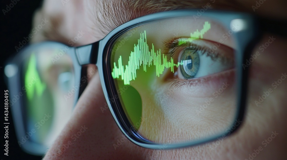 reflection of stock market charts in a man's glasses