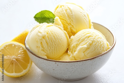 Lemon ice cream in bowl, white background. AI generated illustration.