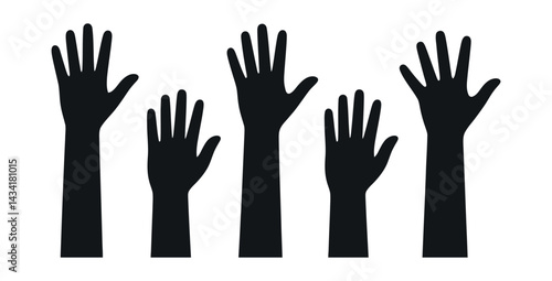 Raised Hands Silhouette Group Demonstrating Participation Support And Unity Black And White Graphic Vector Illustration