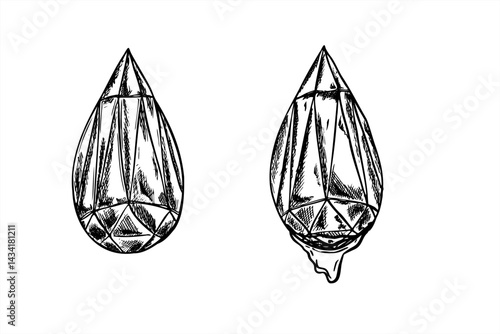 Glass crystal reflecting light vector isolated ink illustration. Etching drawing of ice drop with diamond facets with falling water drop. Glowing gemstones set for crystallography, skincare packaging