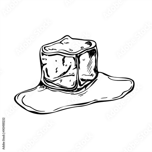 Monochrome ice cube melt in water puddle vector illustration black ink. Crystal freezer brick in clear liquid graphic sketch. For cocktail menus, food blogs, summer promotions, climate projects