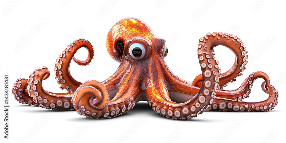 Fototapeta premium Vibrant Orange Octopus 3D Rendering with Expressive Eyes and Curled Tentacles for Children's Illustration PNG
