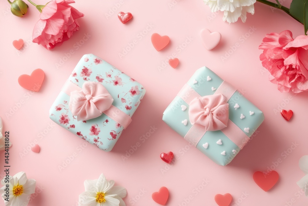 Two small wrapped gifts with pink bows and flowers on a pink background Two small wrapped gifts with pink bows and flowers on a pink background