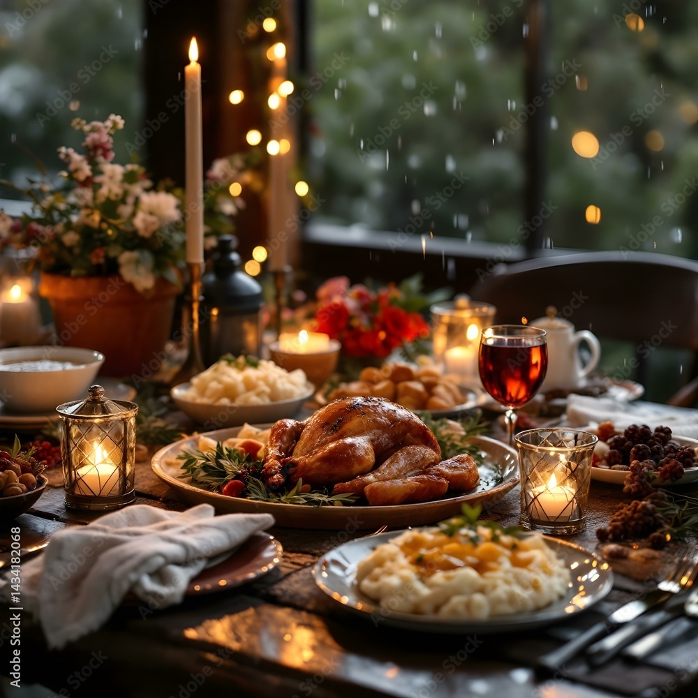 A festive holiday dinner table set on a cozy porch during a rainy spring evening, featuring a succulent roast turkey, garlic mashed potatoes, herbed gravy, and sweet cranberry sauce. A festive holiday dinner table set on a cozy porch during a rainy spring evening, featuring a succulent roast turkey, garlic mashed potatoes, herbed gravy, and sweet cranberry sauce.