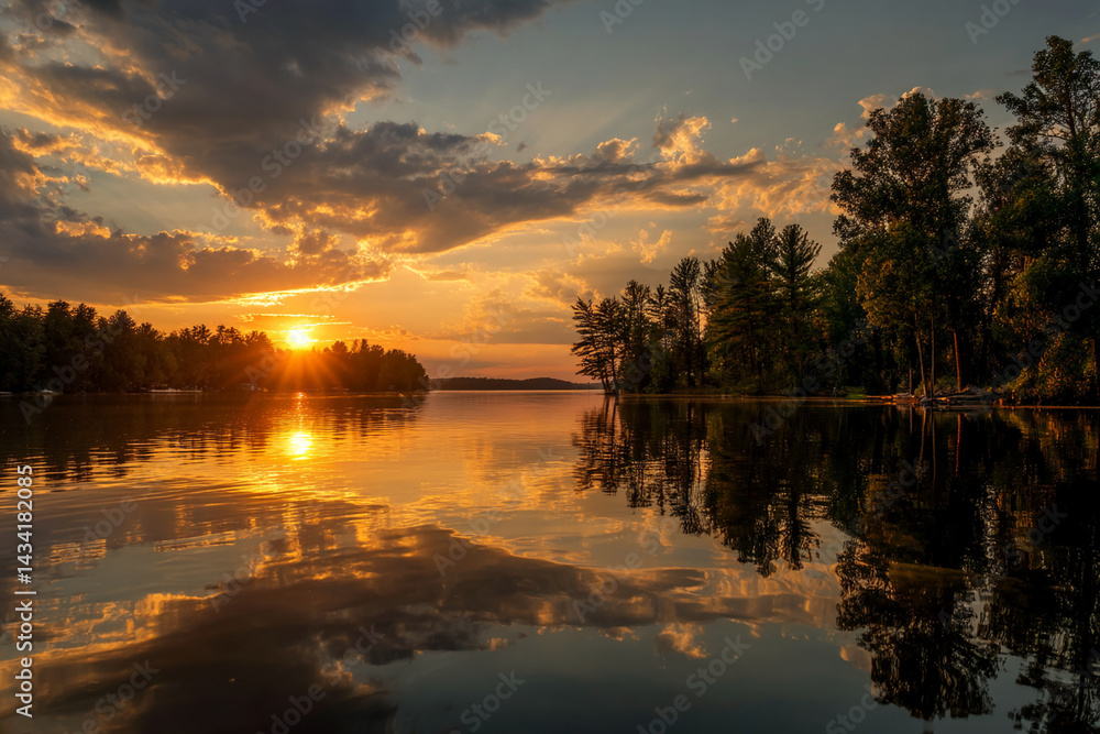 Obraz premium Golden sunset over calm lake, trees reflected in water, creating a serene and peaceful atmosphere, showcasing nature's beauty at dusk