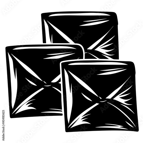 Three stylized black trash bags stacked artistically on a white background