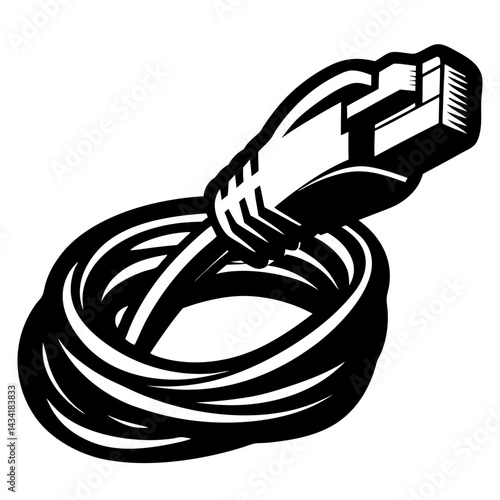Monochrome illustration of coiled ethernet cable and rj45 connector for networks