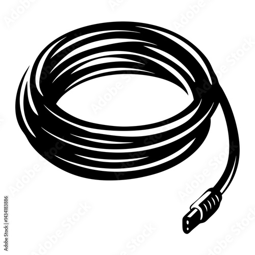 Stylized black and white illustration of a coiled cable with connector