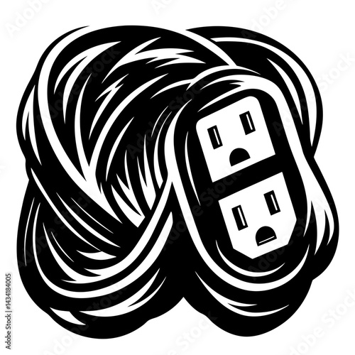 Abstract illustration of interwoven lines surrounding electrical outlets in black and white