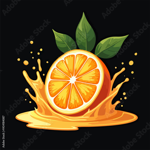Vector design with sliced orange, fruit juice splashes and drops isolated on black background. Fashionable print for paper, t-shirt, fruit juice, ice cream, mandarine yogurt, lemonade, food packaging.